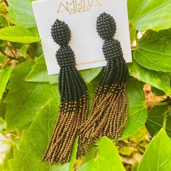 Black Gold Seed Bead Tassel Earring - Picture 1 of 4